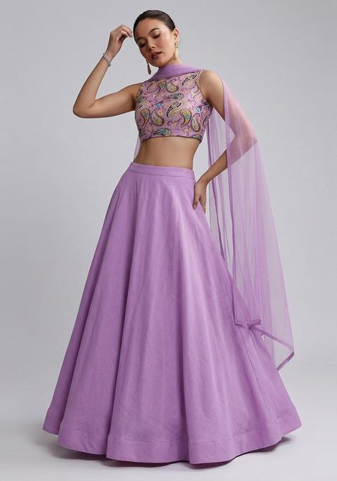 Lavender Printed Crepe Lehenga Set