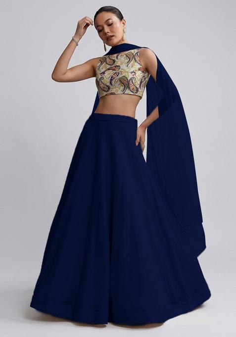 Navy Blue Printed Crepe Lehenga Set