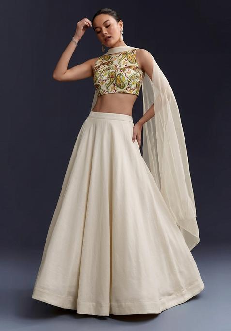 Cream Printed Crepe Lehenga Set