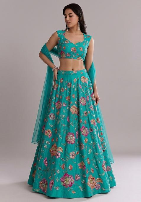 Turquoise Blue Printed Crepe Lehenga Set