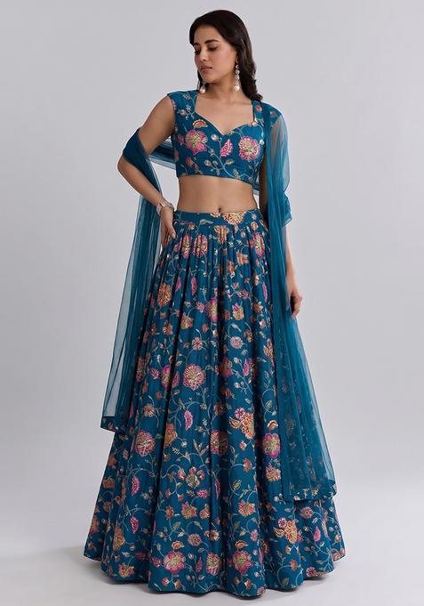 Teal Blue Printed Crepe Lehenga Set