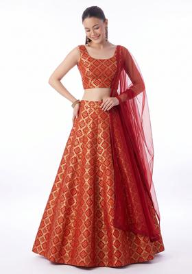 Red Embroidered Georgette Lehenga Set