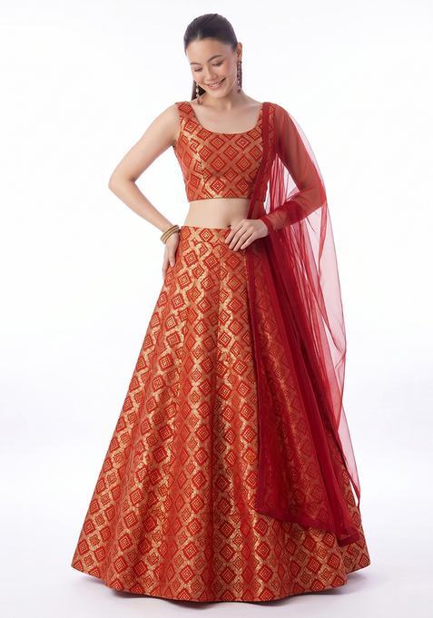 Red Embroidered Georgette Lehenga Set
