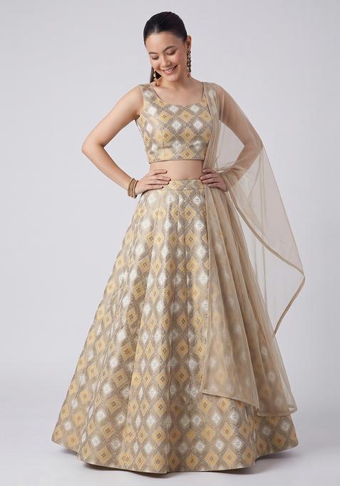 Soft Beige Embroidered Georgette Lehenga Set