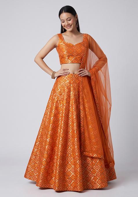 Orange Embroidered Georgette Lehenga Set