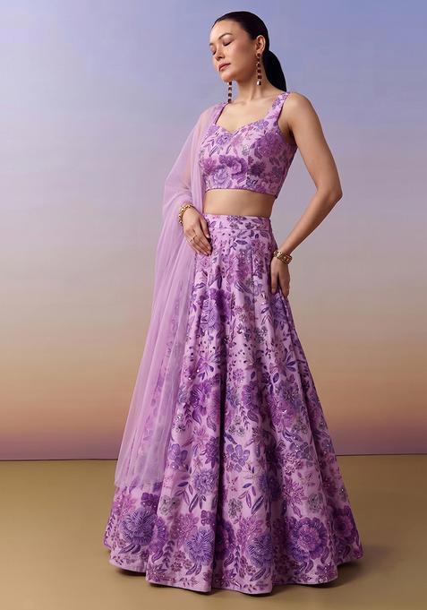 Lavender Printed Silk Lehenga Set