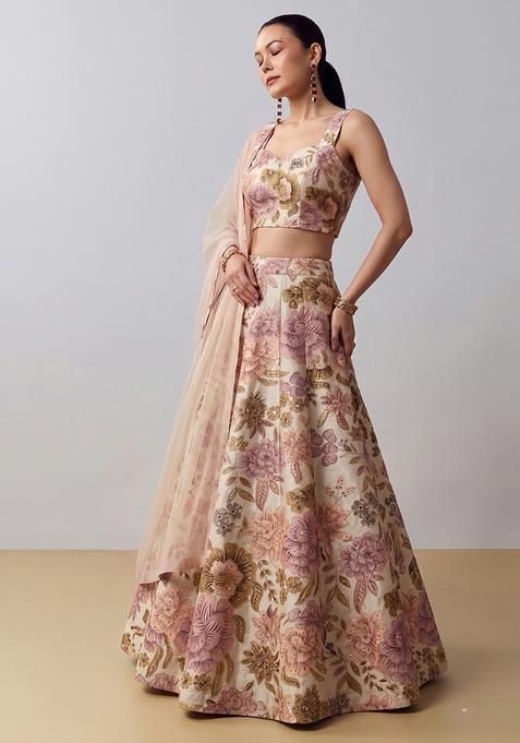 Cream Printed Silk Lehenga Set