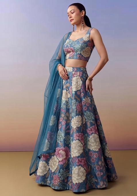 Teal Blue Printed Silk Lehenga Set
