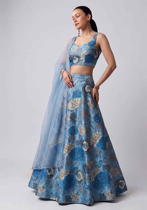 Blue Printed Silk Lehenga Set