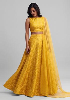 Mustard Embroidered Georgette Lehenga Set