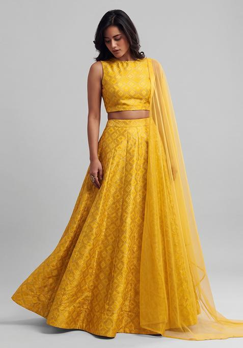 Mustard Embroidered Georgette Lehenga Set