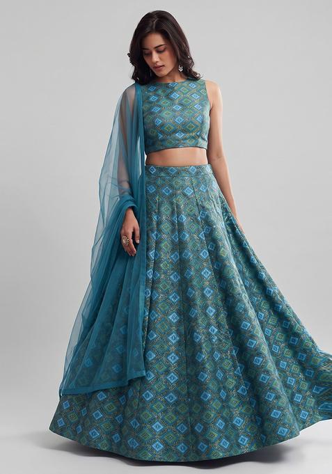 Teal Blue Embroidered Georgette Lehenga Set