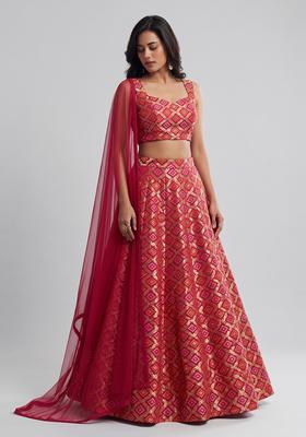 Red Embroidered Georgette Lehenga Set