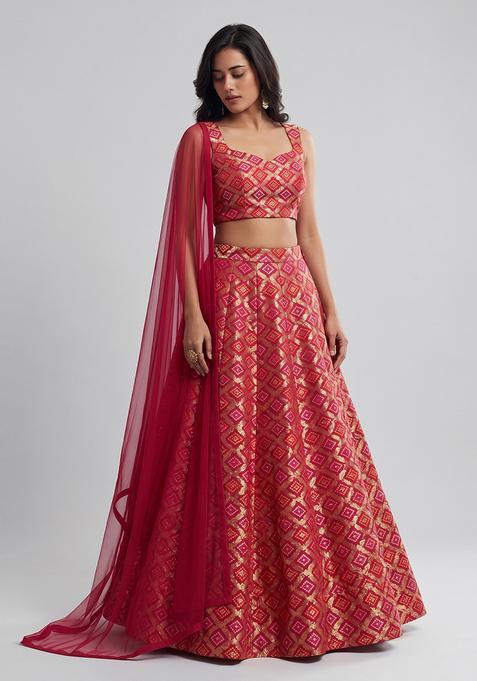 Red Embroidered Georgette Lehenga Set