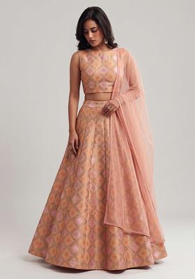 Peach Embroidered Georgette Lehenga Set