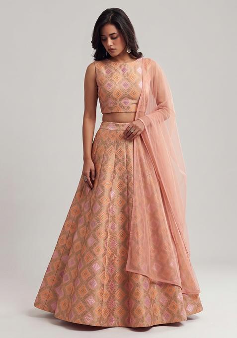 Peach Embroidered Georgette Lehenga Set