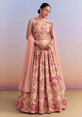 Peach Printed Silk Blend Lehenga Set
