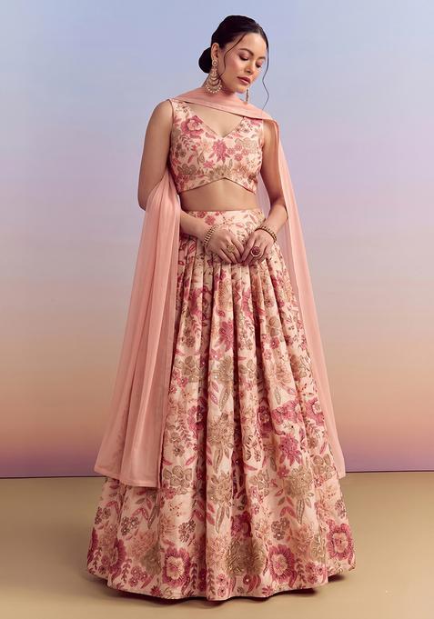 Peach Printed Silk Lehenga Set