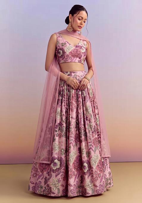 Dusty Pink Printed Silk Lehenga Set