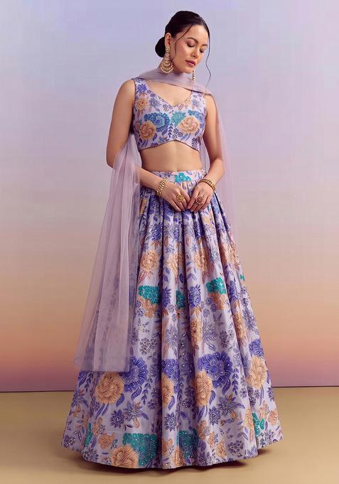 Lavender Printed Silk Lehenga Set