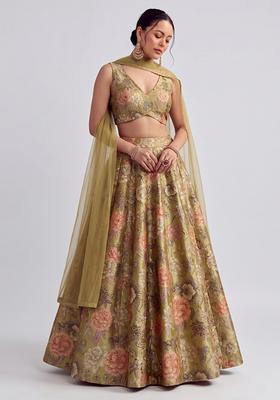 Olive Green Printed Silk Blend Lehenga Set