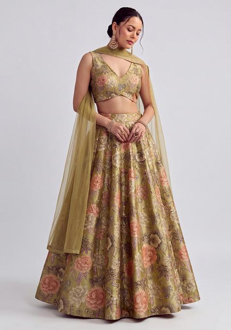 Olive Green Printed Silk Lehenga Set