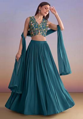 Teal Blue Printed Crepe Lehenga Set