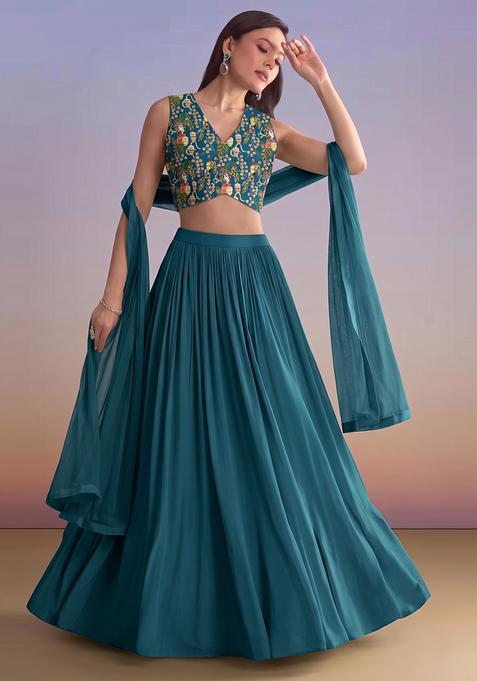 Teal Blue Printed Crepe Lehenga Set
