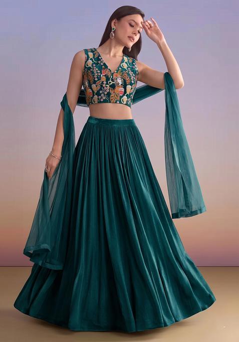Teal Printed Crepe Lehenga Set