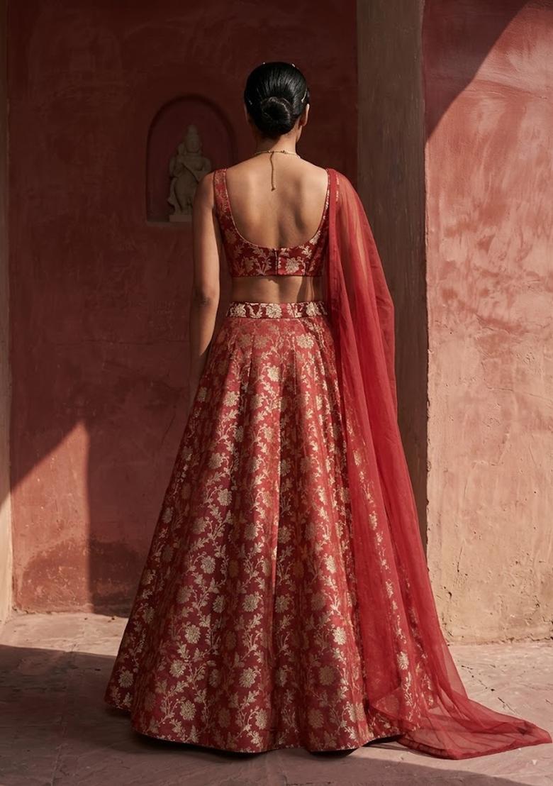 Crimson Red Silk Blend Lehenga Set - Indya