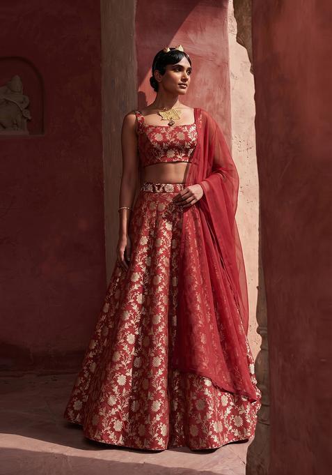 Crimson Red Silk Lehenga Set