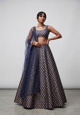 Navy Blue Silk Blend Lehenga Set