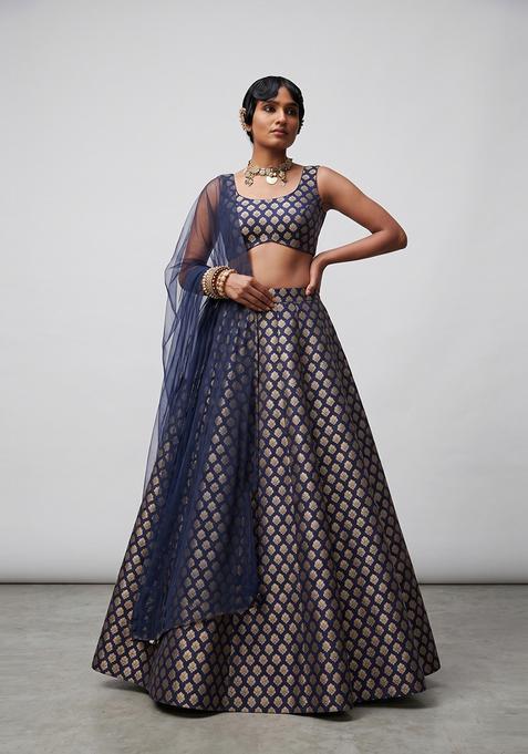 Navy Blue Silk Lehenga Set