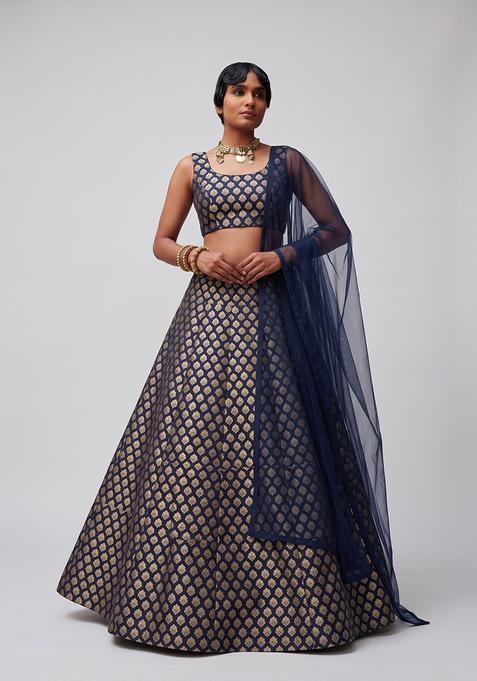 Navy Blue Silk Lehenga Set