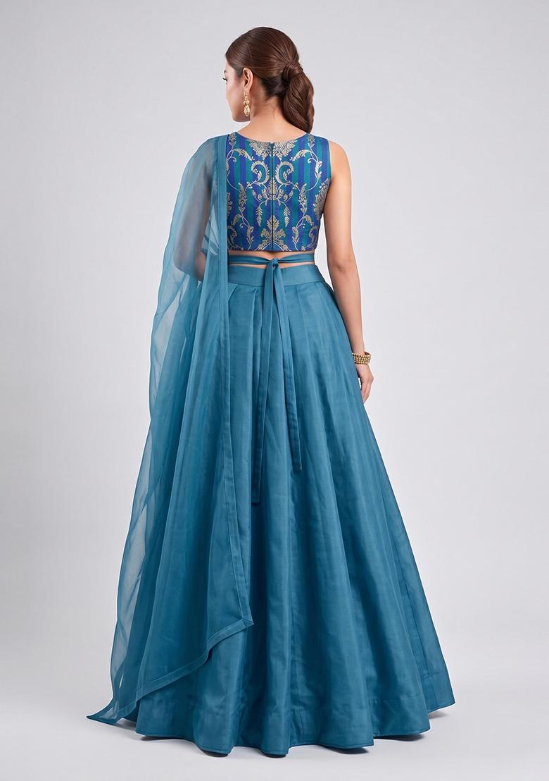 Teal Blue Zari Satin Lehenga Set - Indya