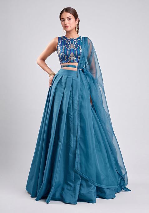 Teal Blue Zari Satin Lehenga Set