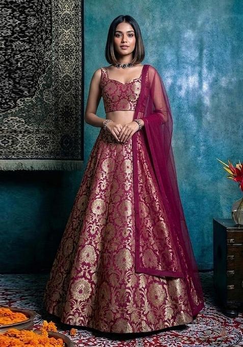Deep Maroon Silk Lehenga Set