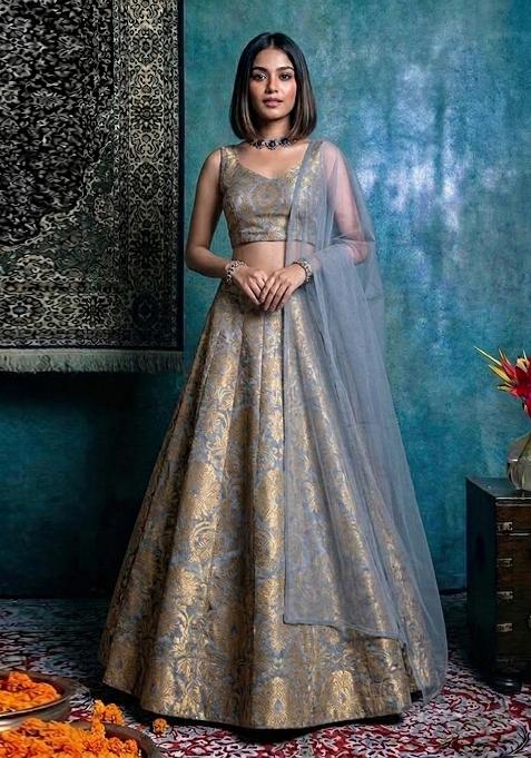 Metallic Grey Silk Lehenga Set