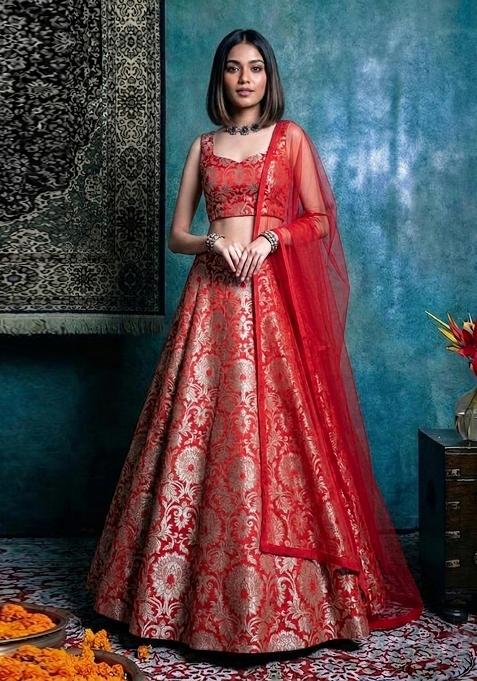 Crimson Red Silk Lehenga Set