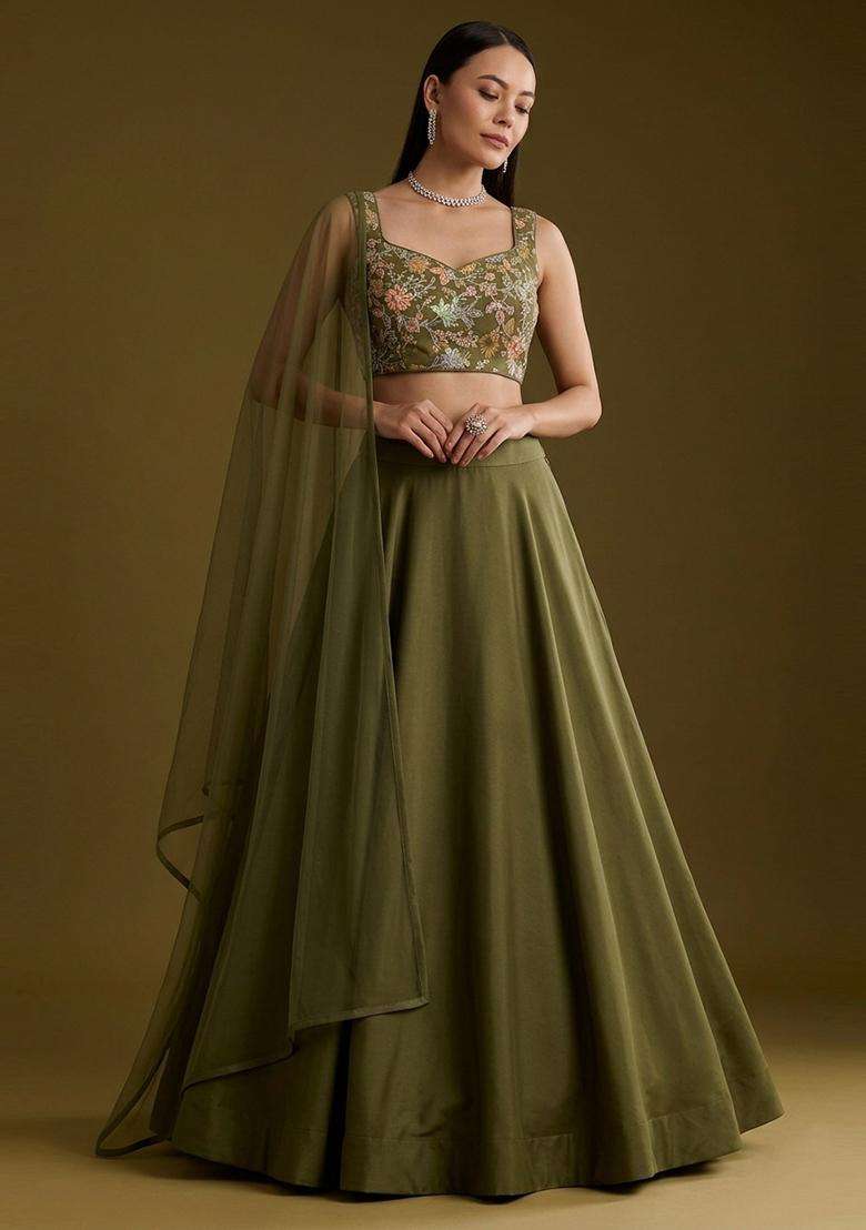 Olive Green Sequin Crepe Lehenga Set for Diwali and Festive Wear - Indya