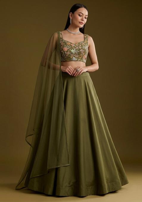 Olive Green Sequin Crepe Lehenga Set
