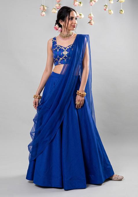 Royal Blue Zari Satin Lehenga Set