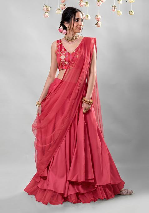 Pink Zari Satin Lehenga Set
