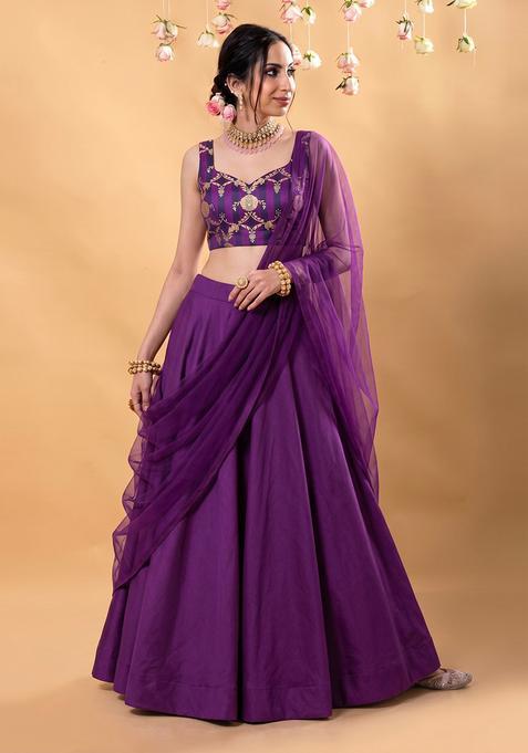 Deep Purple Zari Satin Lehenga Set