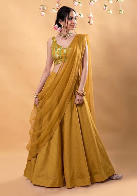 Mustard Zari Satin Lehenga Set
