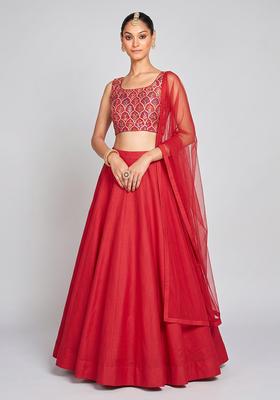 Red Zari Satin Lehenga Set