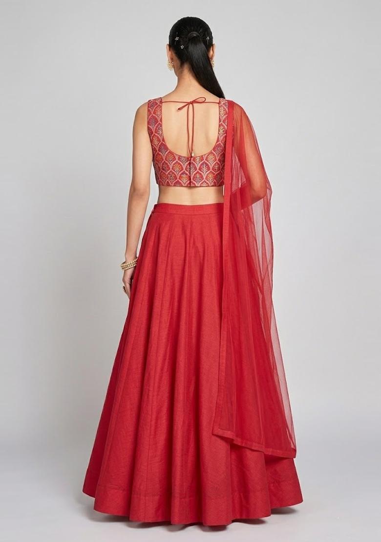 Red Zari Satin Lehenga Set - Indya