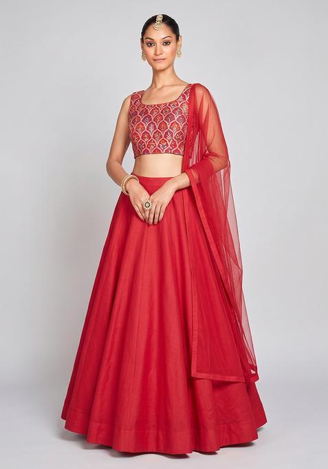 Red Zari Satin Lehenga Set