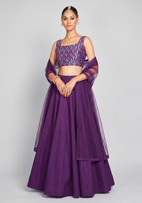 Dark Purple Zari Satin Lehenga Set