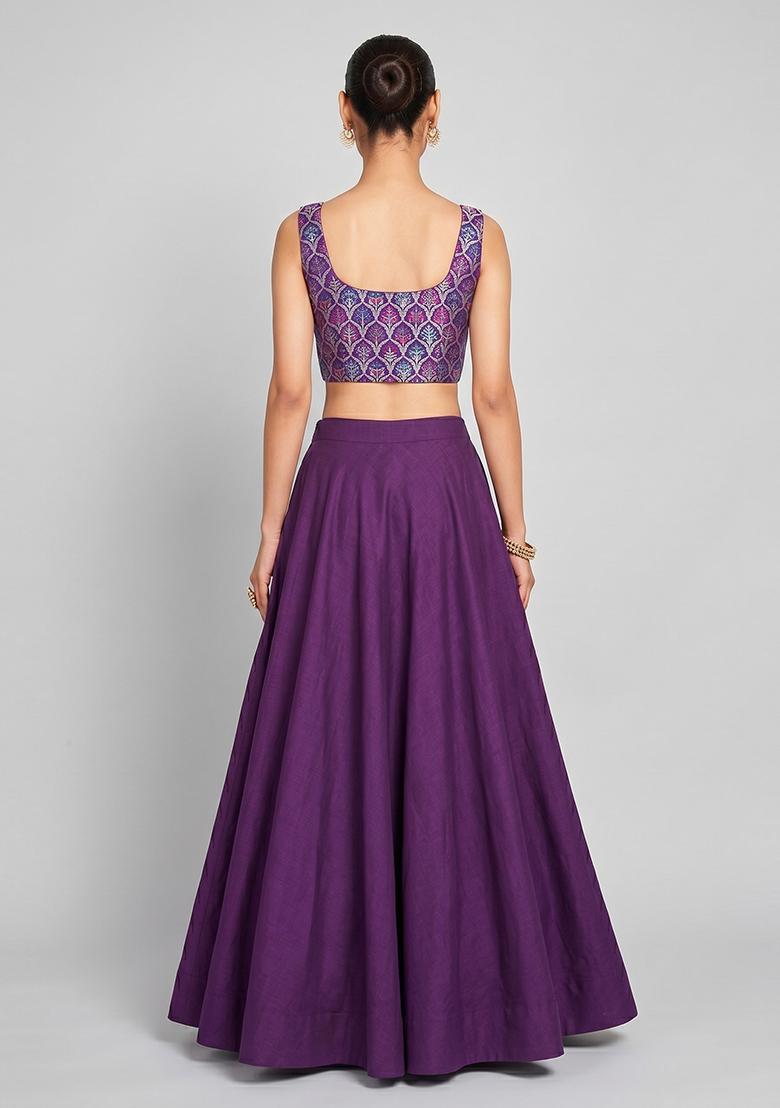 Dark Purple Zari Satin Lehenga Set - Indya